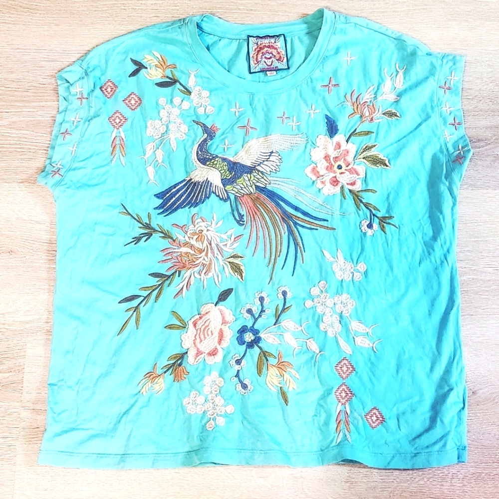 Johnny Was Turquoise Embroidered Top